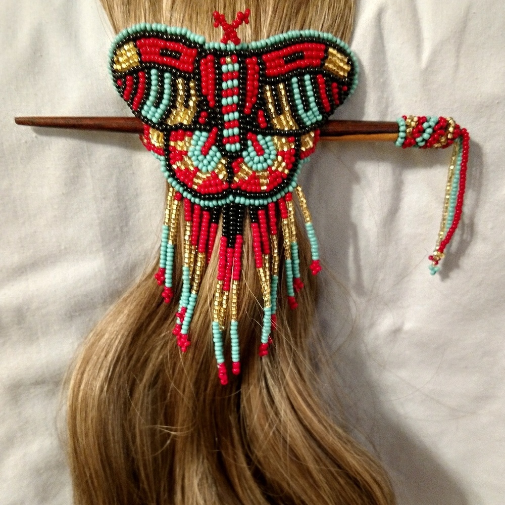 Butterfly Hair Slide/Stick; Red, Aqua & Amber